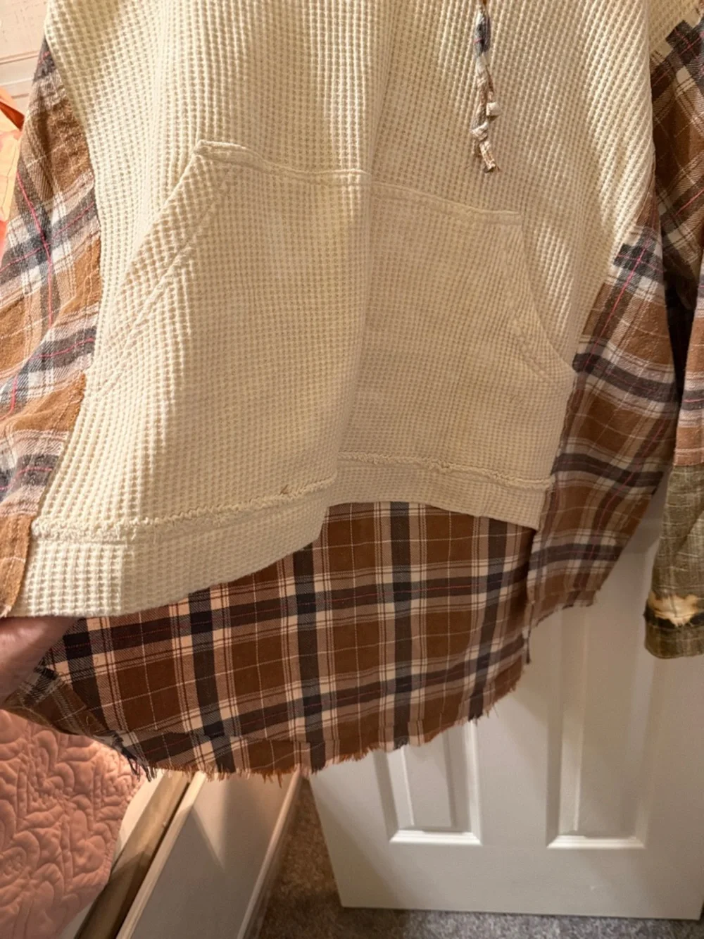 Oli & Hali Cream Waffle Knit Hoodie with Brown Plaid Accents - Picture 6 of 7